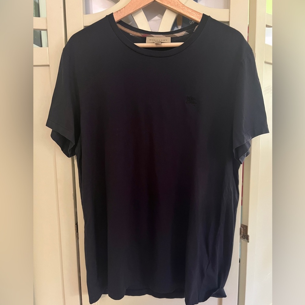 Burberry Navy Blue Tee with embroidered logo and check inner collar detail
